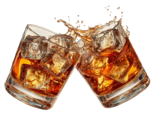 Two whiskey glasses clinking with ice and splashes