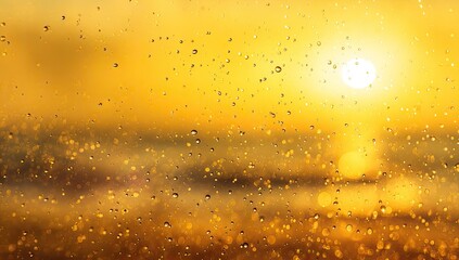 Golden sunset seen through rain-streaked window