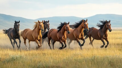 A dynamic group of horses galloping through a grassy landscape, showcasing their strength and beauty against a backdrop of rolling hills.