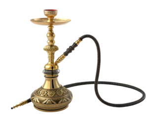 Ornate Gold and Black Traditional Middle Eastern Hookah with Intricate Metalwork Isolated on a transparent background
