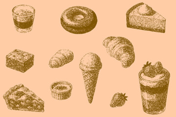 Seamless Stipple Dotwork Dessert Pattern (Ochre on Peach)