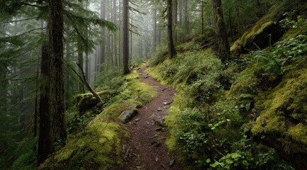 Fototapeta premium Misty forest trail winding upward through moss-covered landscape
