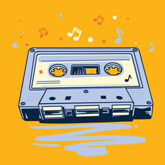 Colorful retro audio cassette for tape recorder and musical notes, vector music design artwork