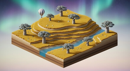 Whimsical 3D isometric diorama of a fantasy savanna with baobab trees, terraced hills, and a river under a surreal aurora sky