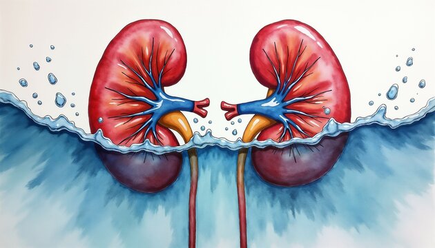 Illustration of kidneys submerged in water representing urinary incontinence, soft background
