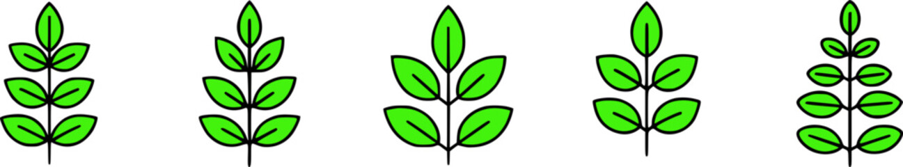 Five illustrations of stylized green leaves on stems.