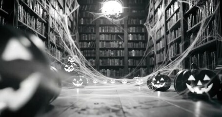 Spooky Halloween scene in a dimly lit library with jack-o'-lanterns and cobwebs. - Powered by Adobe