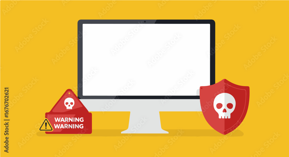 Poster a computer monitor displaying a blank screen, accompanied by warning signs indicating a security thr