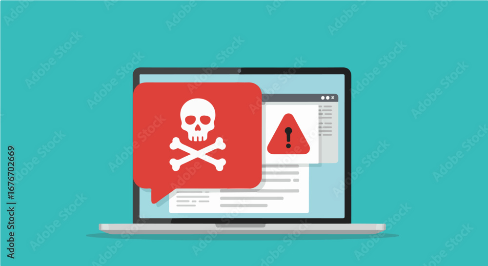Poster a laptop screen displaying a red warning message with a skull and crossbones, signifying a potential