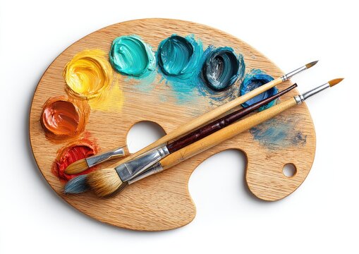 Wooden artist's palette with colorful paint and paintbrushes