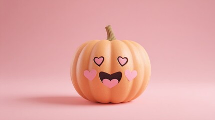 Cute Pumpkin with Heart Eyes on Pink Background for Romantic Halloween