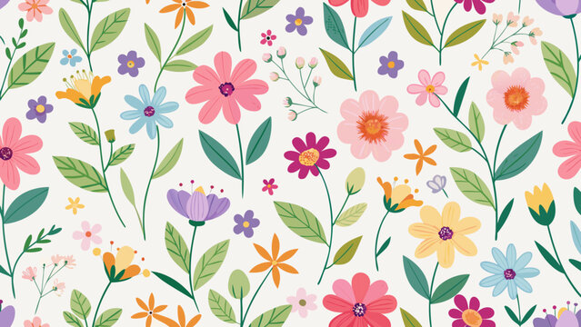 Vector art of seamless floral pattern with colorful flowers and leaves on a, perfect for textile, wallpaper, and decorative designs