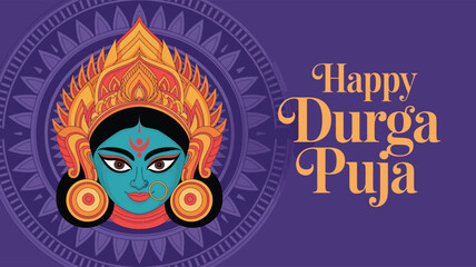 Happy Durga Puja illustration with Goddess Durga’s face, floral mandala, trident symbol, and festive typography on purple background