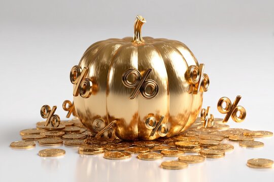 Golden Pumpkin Centerpiece with Floating Percent Symbols and Coins - Powered by Adobe