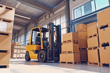 Forklift moving stacked boxes inside warehouse