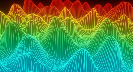Vibrant 3D wireframe surface plot with a rainbow color gradient representing data peaks.