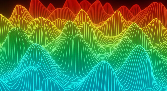 Vibrant 3D wireframe surface plot with a rainbow color gradient representing data peaks.