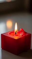 Lit Red Square Candle with Bright Flame and Melting Wax Emitting a Warm Glow
