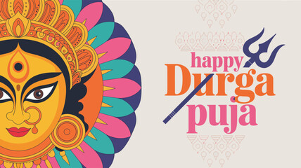 Happy Durga Puja illustration with Goddess Durga’s face, floral mandala, trident symbol, and festive typography on patterned background