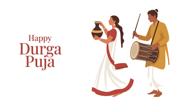 Happy Durga Puja illustration with man playing dhak and woman holding clay pot in traditional attire, celebrating devotion and cultural ritual