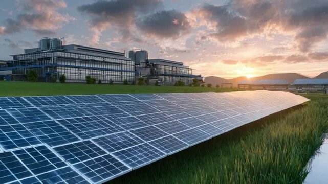 Solar Panel Array: Capturing the essence of sustainable energy, a striking array of solar panels stands poised in a sprawling field, framed by modern architecture and a radiant sunset.
