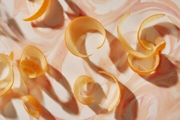 peeled orange skins and segment arranged on pastel artistic backdrop with swirling colors concept of creativity citrus freshness healthy food design and lifestyle