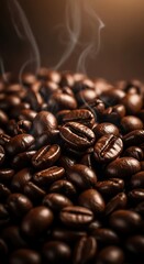 Freshly Roasted Coffee Beans with Rising Steam in Close-up Macro Shot