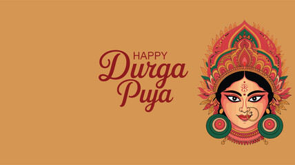 Happy Durga Puja greeting with Goddess Durga’s face, vibrant headdress, and decorative font on tan background celebrating divine feminine power