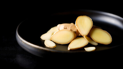 New Chinese still life, matte black lacquer tabletop, white porcelain plate holding golden ginger slices, soft focal side light, minimalist Oriental color scheme