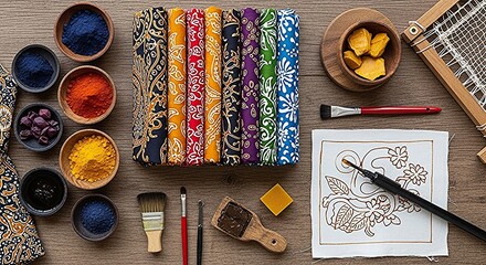 Vibrant batik craft supplies with colorful fabrics, dyes, wax, and tools ready for artistic creation