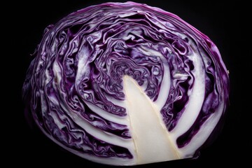 artistic cross section of red cabbage head with organic spiral layers purple colors on dark background concept of healthy eating vegetarian cooking and farm produce marketing