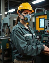Portrait of female technician engineer control machines in the factory on a business day confident worker wearing particulate respirator mask with hard hat concept of industrial manufacturing Profe
