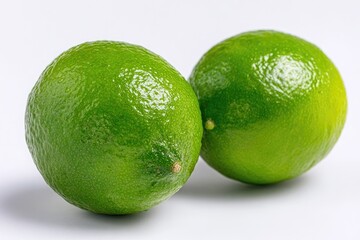 Two vibrant, bright green limes, close-up