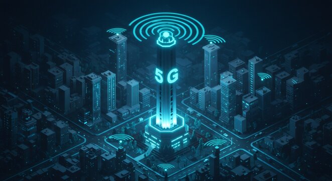 Aerial View of a Futuristic Cityscape with a Dominant Central Tower Displaying 5G Wireless Technology in a Pixelated Isometric Style