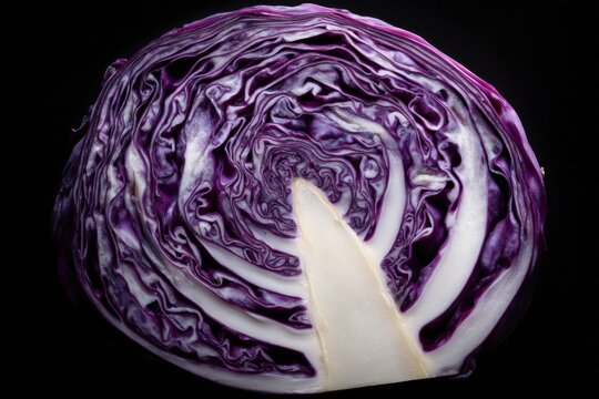 artistic cross section of red cabbage head with organic spiral layers purple colors on dark background concept of healthy eating vegetarian cooking and farm produce marketing