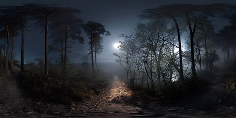 A High Resolution image of 360 degree, dark forest path illuminated by the moon, with ghostly apparitions floating. HDRI spherical panorama.