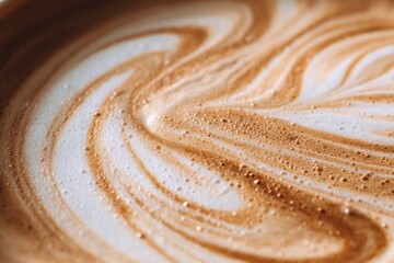Fototapeta premium artistic close view of hot cappuccino with frothy milk swirl and detailed coffee bubbles concept of cafe culture beverage branding and drink advertising