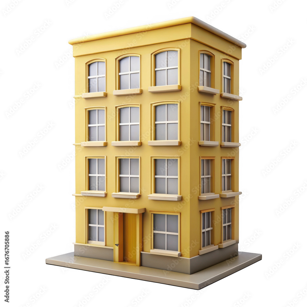 Poster 3d yellow apartment building with many windows isolated on transparent background