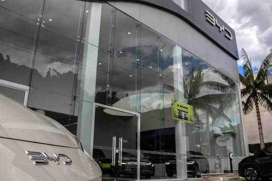 Marilia, SP, Brazil, December 11, 2024. Facade of the car dealership of the Chinese BYD, Building Your Dreams, which sells electric and hybrid cars, in the city of Mar&iacute;lia