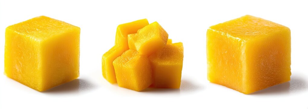 Three cubes of diced mango on a white background