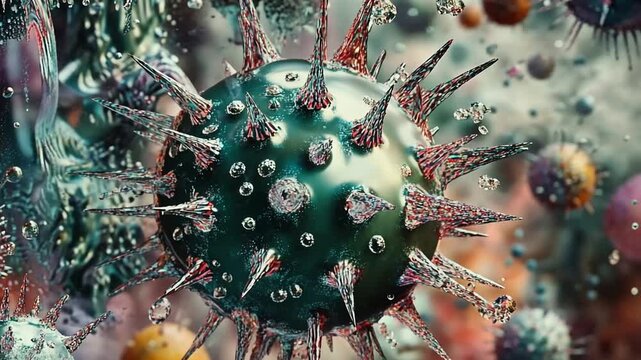 Close-up view of a virus with spikes and a textured surface. The background features abstract shapes and colors, representing a microscopic environment.