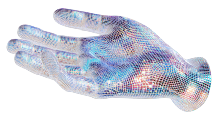 A translucent, iridescent hand, digitally rendered, with a geometric, faceted texture