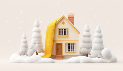 Cute winter house scene. Snowy landscape with a small, pastel yellow house, snow-covered fir trees, and a bright yellow blanket draped over the roof. Soft lighting and subtle snowflakes