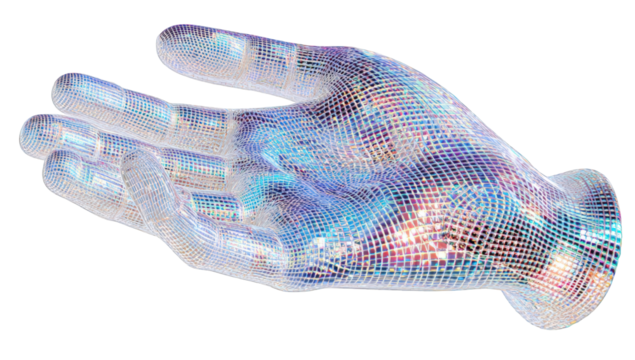 A translucent, iridescent hand, digitally rendered, with a geometric, faceted texture