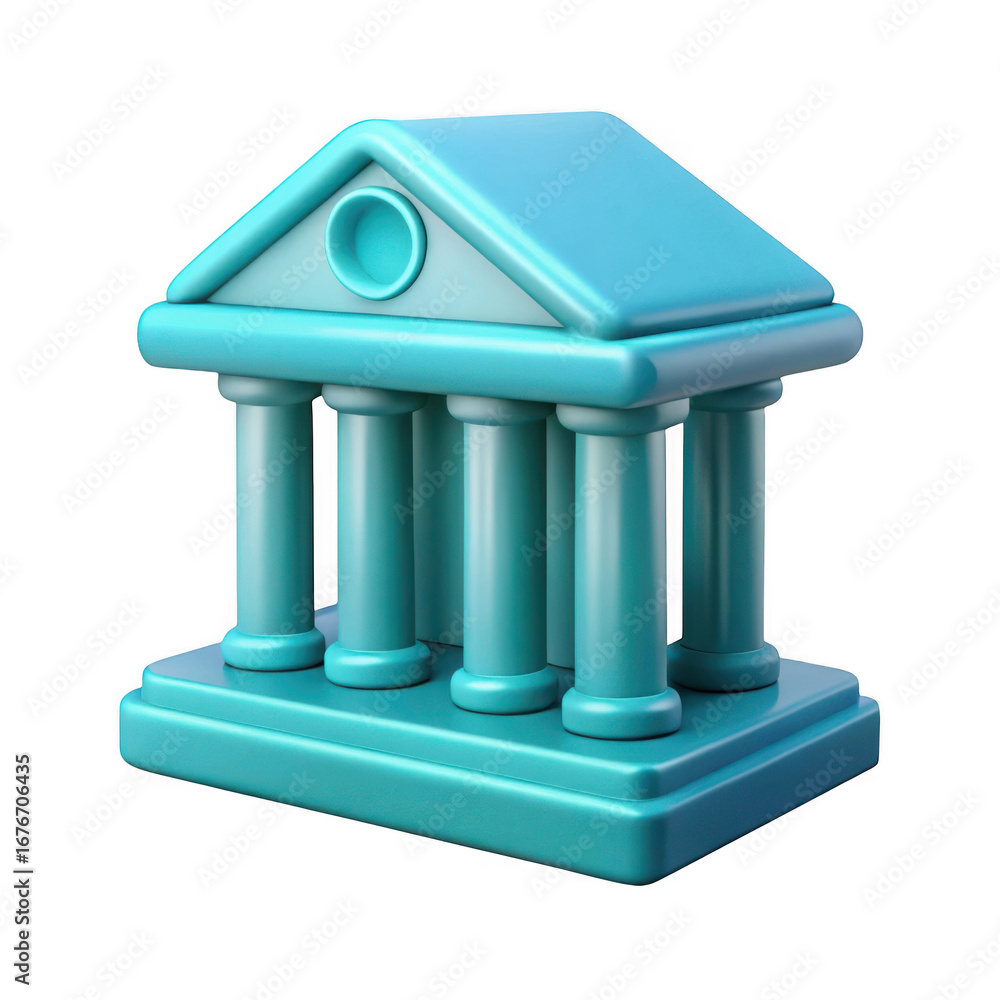Poster 3d turquoise bank building with columns isolated on transparent background