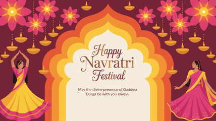 Happy Navratri illustration with dancing women in traditional attire under floral arch with lamps, celebrating devotion and divine presence