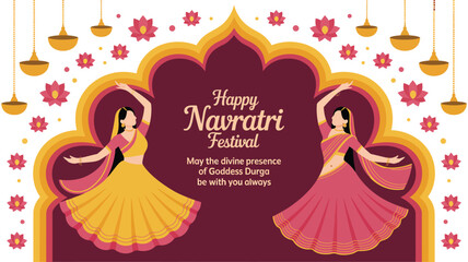 Happy Navratri illustration with two women dancing in traditional attire under decorative arch with lamps and flowers, celebrating divine energy © Mushtaq