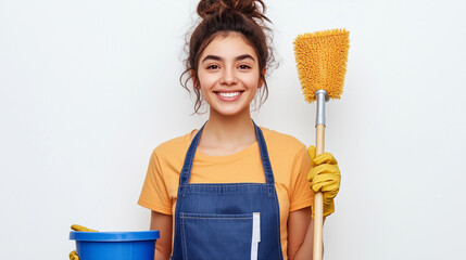 Smiling woman with cleaning bucket and brush