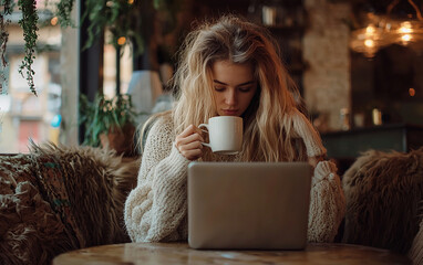 woman in cafe. Generative AI.