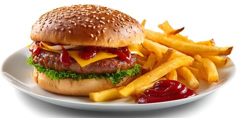 delicious burger with fries and ketchup on a white plate isolated on transparent cutout background.